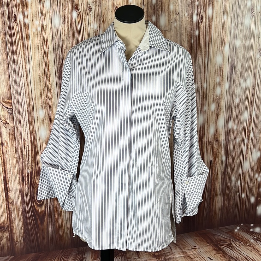 Lafayette 148 Navy Pinstripe Button Up Tunic Shirt Blouse Top P